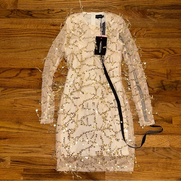 PrettyLittleThing Dresses & Skirts - NWT Pretty Little Thing Sz 2 Beaded Sheer Sleeve Party Dress Champagne